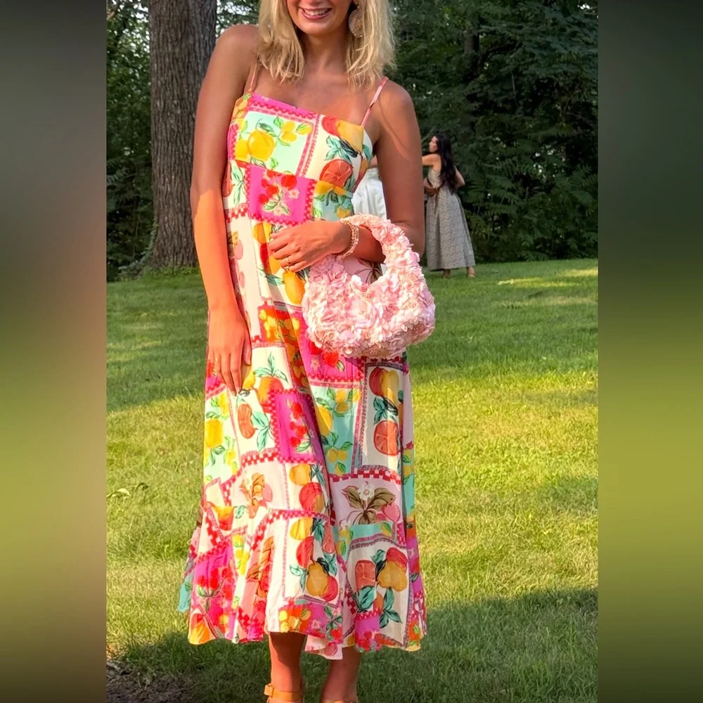 ASTR Paper Heart Midi Dress XS bright fruit Lemons Berries Patchwork Austrian Co - Picture 5 of 11